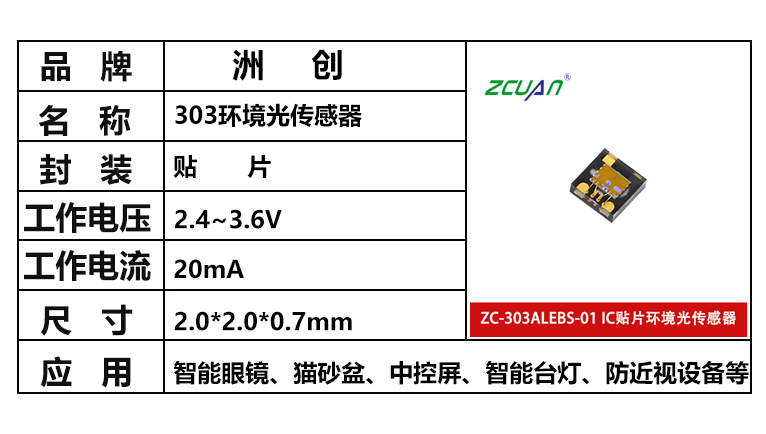 貼片環境光傳感器，ZC-303ALEBS-01，數字環境光傳感器，貼片光感